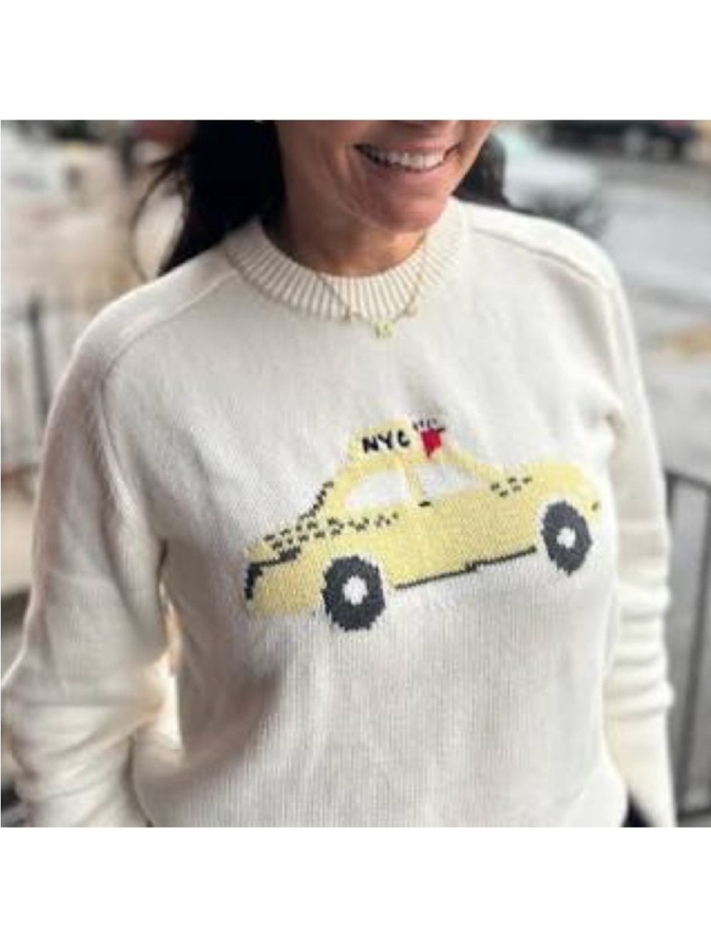 Abercrombie & Fitch Cream Knit Sweater with Yellow NYC Taxi Motif
